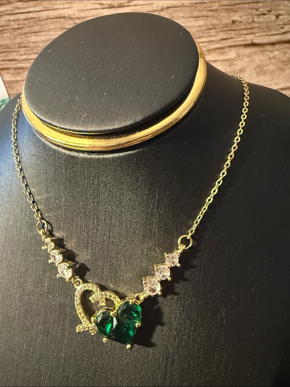 Gold Plated On Stajnless Steel Heart Necklace with Green Emerald-Cut Gemstone